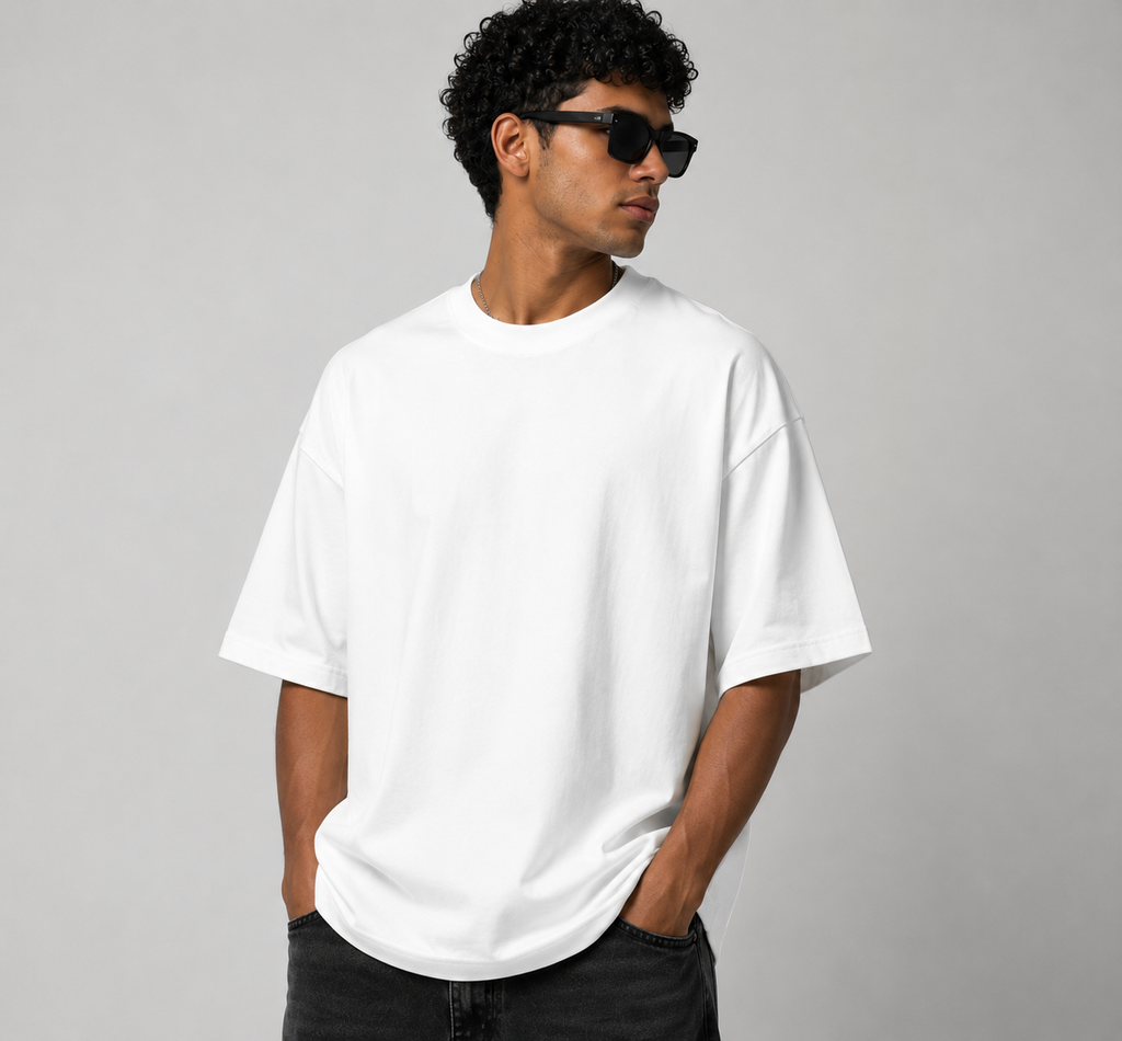 Man wearing a plain white t-shirt and sunglasses against a gray background